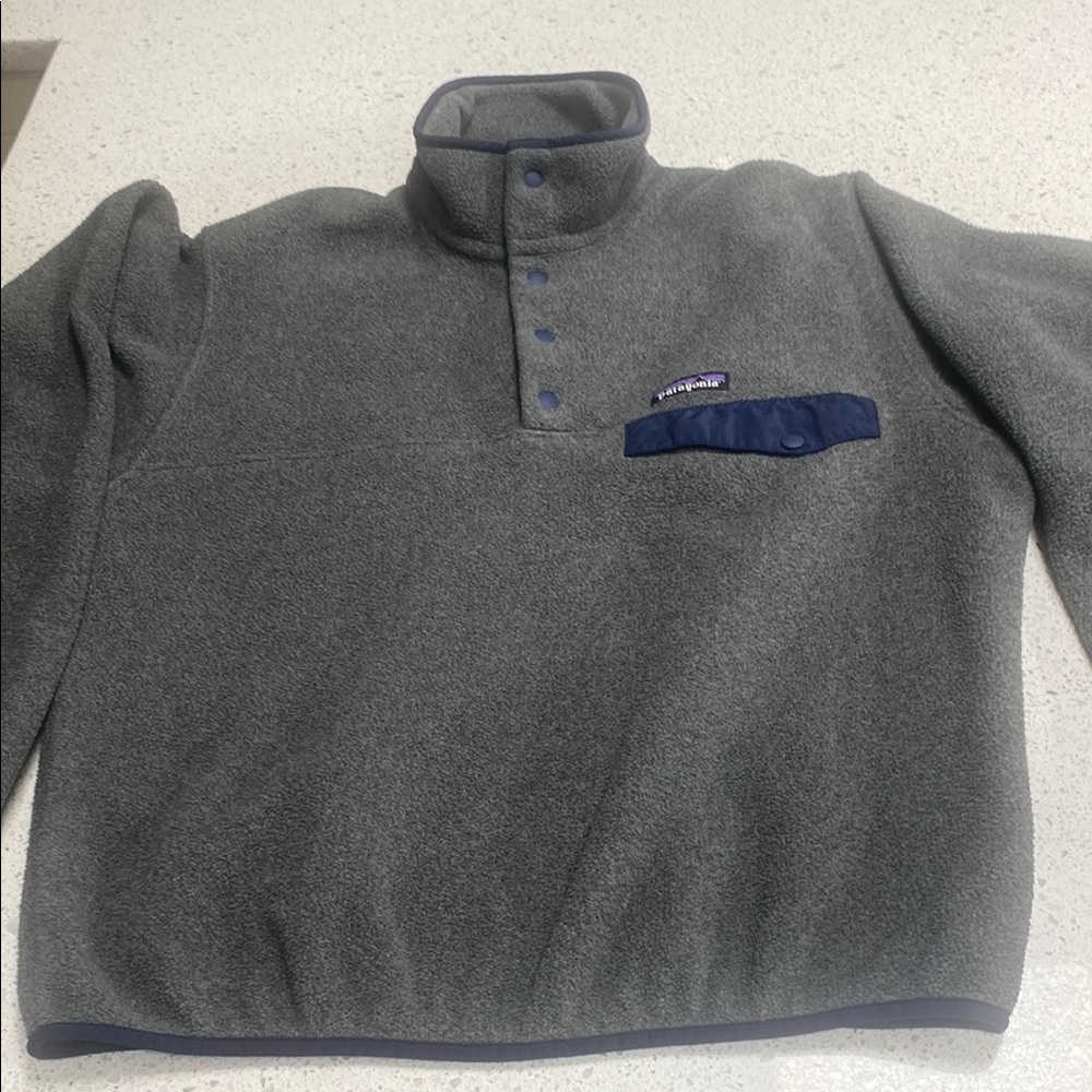 Patagonia Gray and Blue Fleece Pullover Sweater